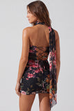 Floral Ivory Halter Bodycon Mini Dress with Sash