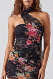 Floral Ivory Halter Bodycon Mini Dress with Sash