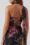 Floral Ivory Halter Bodycon Mini Dress with Sash