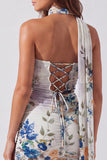Floral Ivory Halter Bodycon Mini Dress with Sash
