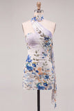 Floral Ivory Halter Bodycon Mini Dress with Sash