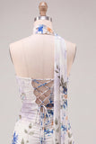 Floral Ivory Halter Bodycon Mini Dress with Sash