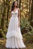 Ivory A Line Ruffled Spaghetti Straps Lace Retro Wedding Dress