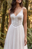 Ivory A Line Ruffled Spaghetti Straps Lace Retro Wedding Dress