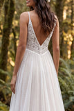Ivory A Line Ruffled Spaghetti Straps Lace Retro Wedding Dress