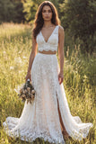 2 Piece Ivory A Line V Neck Lace Boho Wedding Dress with Slit