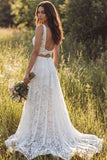 2 Piece Ivory A Line V Neck Lace Boho Wedding Dress with Slit