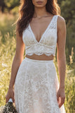 2 Piece Ivory A Line V Neck Lace Boho Wedding Dress with Slit