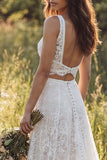 2 Piece Ivory A Line V Neck Lace Boho Wedding Dress with Slit