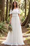 Off the Shoulder Ivory A Line Long Wedding Dress with Lace