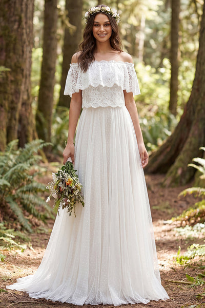 Off the Shoulder Ivory A Line Long Wedding Dress with Lace