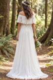 Off the Shoulder Ivory A Line Long Wedding Dress with Lace
