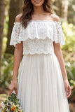 Off the Shoulder Ivory A Line Long Wedding Dress with Lace