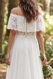 Off the Shoulder Ivory A Line Long Wedding Dress with Lace