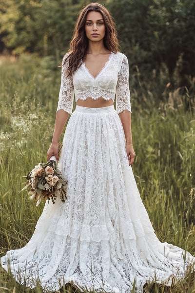 Boho Ivory A Line 2 Piece V Neck Lace Wedding Dress with Half Sleeves