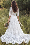 Boho Ivory A Line 2 Piece V Neck Lace Wedding Dress with Half Sleeves