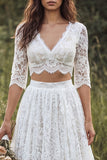 Boho Ivory A Line 2 Piece V Neck Lace Wedding Dress with Half Sleeves