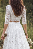 Boho Ivory A Line 2 Piece V Neck Lace Wedding Dress with Half Sleeves