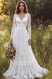 Lace Ivory A Line V Neck Long Sleeve Wedding Dress