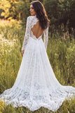 Lace Ivory A Line V Neck Long Sleeve Wedding Dress