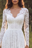 Lace Ivory A Line V Neck Long Sleeve Wedding Dress
