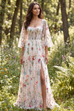 Ivory A Line Floral Embroidered Sheer Corset Long Wedding Dress with Slit