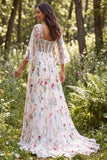 Ivory A Line Floral Embroidered Sheer Corset Long Wedding Dress with Slit