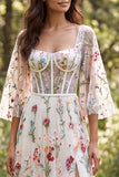 Ivory A Line Floral Embroidered Sheer Corset Long Wedding Dress with Slit