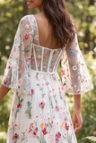 Ivory A Line Floral Embroidered Sheer Corset Long Wedding Dress with Slit
