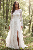 Lace Ivory A Line Ruffled Long Sleeve Wedding Dress with Slit