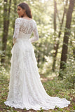 Lace Ivory A Line Ruffled Long Sleeve Wedding Dress with Slit