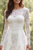 Lace Ivory A Line Ruffled Long Sleeve Wedding Dress with Slit