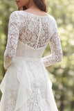 Lace Ivory A Line Ruffled Long Sleeve Wedding Dress with Slit