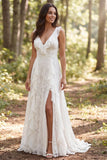 Ivory A Line V Neck Ruffled Lace Wedding Dress with Slit