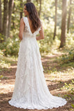 Ivory A Line V Neck Ruffled Lace Wedding Dress with Slit