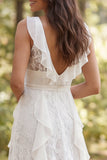 Ivory A Line V Neck Ruffled Lace Wedding Dress with Slit