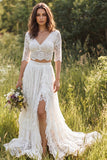 Boho Ivory Lace A Line V Neck Half Sleeve 2 Piece Wedding Dress with Slit