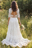 Boho Ivory Lace A Line V Neck Half Sleeve 2 Piece Wedding Dress with Slit