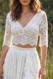 Boho Ivory Lace A Line V Neck Half Sleeve 2 Piece Wedding Dress with Slit