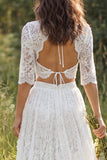 Boho Ivory Lace A Line V Neck Half Sleeve 2 Piece Wedding Dress with Slit