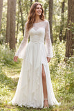 Ruffled Ivory Chiffon A Line Lace Long Sleeve Wedding Dress with Slit