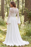 Ruffled Ivory Chiffon A Line Lace Long Sleeve Wedding Dress with Slit