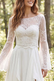 Ruffled Ivory Chiffon A Line Lace Long Sleeve Wedding Dress with Slit