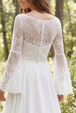 Ruffled Ivory Chiffon A Line Lace Long Sleeve Wedding Dress with Slit