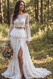2 Piece Lace Ivory A Line Bateau Neck Ruffled Retro Wedding Dress with Slit
