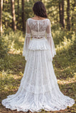 2 Piece Lace Ivory A Line Bateau Neck Ruffled Retro Wedding Dress with Slit