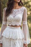 2 Piece Lace Ivory A Line Bateau Neck Ruffled Retro Wedding Dress with Slit
