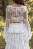 2 Piece Lace Ivory A Line Bateau Neck Ruffled Retro Wedding Dress with Slit