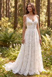 Ivory Floral A Line Cold Shoulder Long Wedding Dress