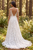 Ivory Floral A Line Cold Shoulder Long Wedding Dress